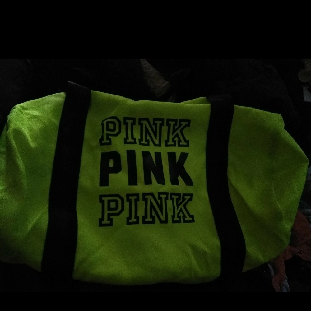 Victoria Secret Light Duffel Gym Bag Tote Neon Yellow with Black Triple Logo.